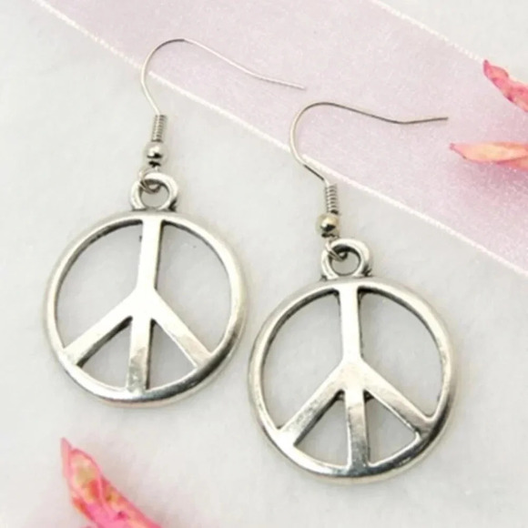 Antiqued Silver Pewter Peace Sign Dangle Earrings 44mm Long - Picture 1 of 1